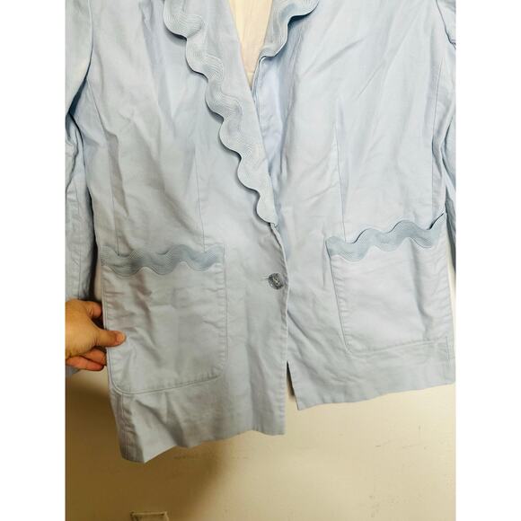 REBECCA TAYLOR Light Blue 70s Rickrack Trim Double Breasted Slub Jacket Blazer 8 - Picture 8 of 16